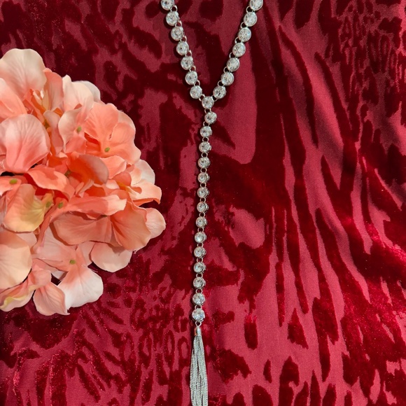 Silver Tone Clear Rhinestone Pendant Necklace with Tassle - Picture 16 of 16